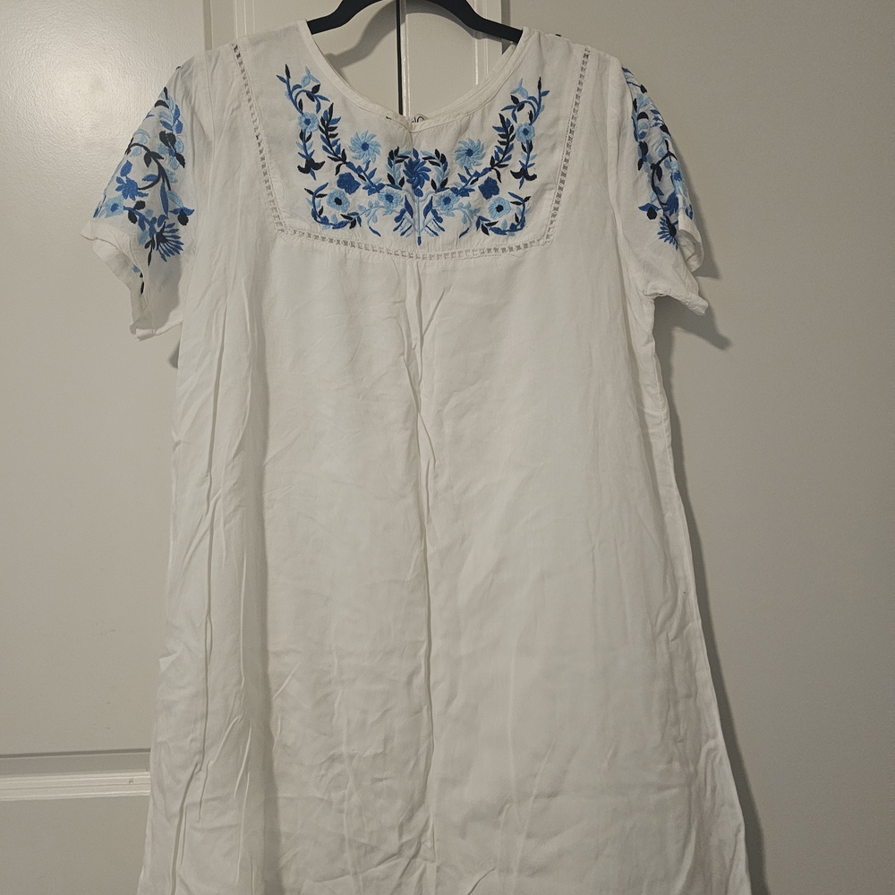 White and Blue Embroidered Women's Dress